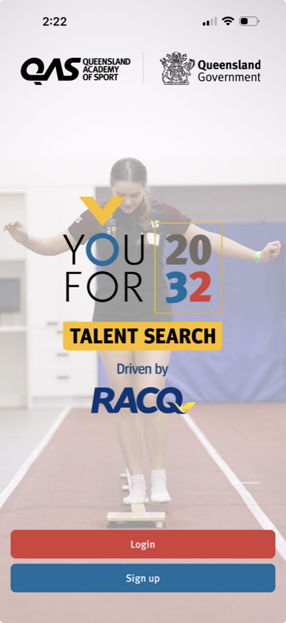 The YouFor2032 Talent Search app, badged Queensland Academy of Sport and Queensland Government, with the Talent Search lockup over footage of an athlete performing a balance test.
