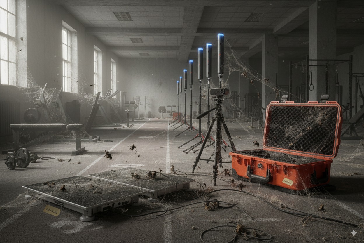 An abandoned gym testing space, everything in it under cobwebs and dust: a pair of force plates on the floor with cables trailing away, a row of camera and timing units on tripods receding into the mist, and an open orange equipment case.