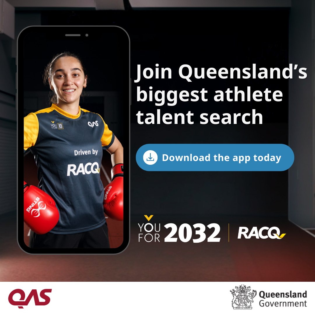 The YouFor2032 Talent Search app shown on a phone, badged Queensland Academy of Sport and Queensland Government, with an athlete in RACQ-branded kit.